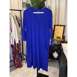 Eileen Fisher Royal Blue V-Neck 3/4 Sleeve Shift Dress with Pockets Jersey Knit